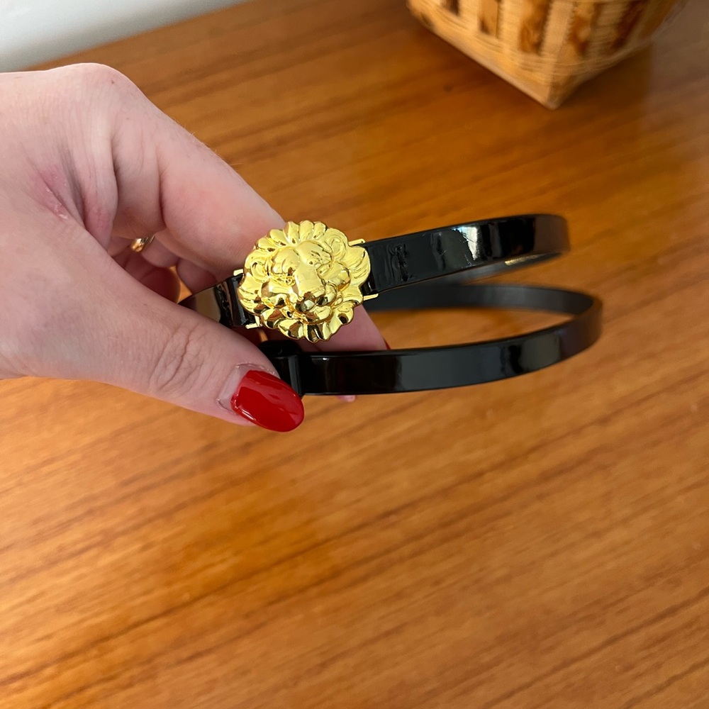 Black Patten Leather and Gold Lion Head Adjustable Belt XL